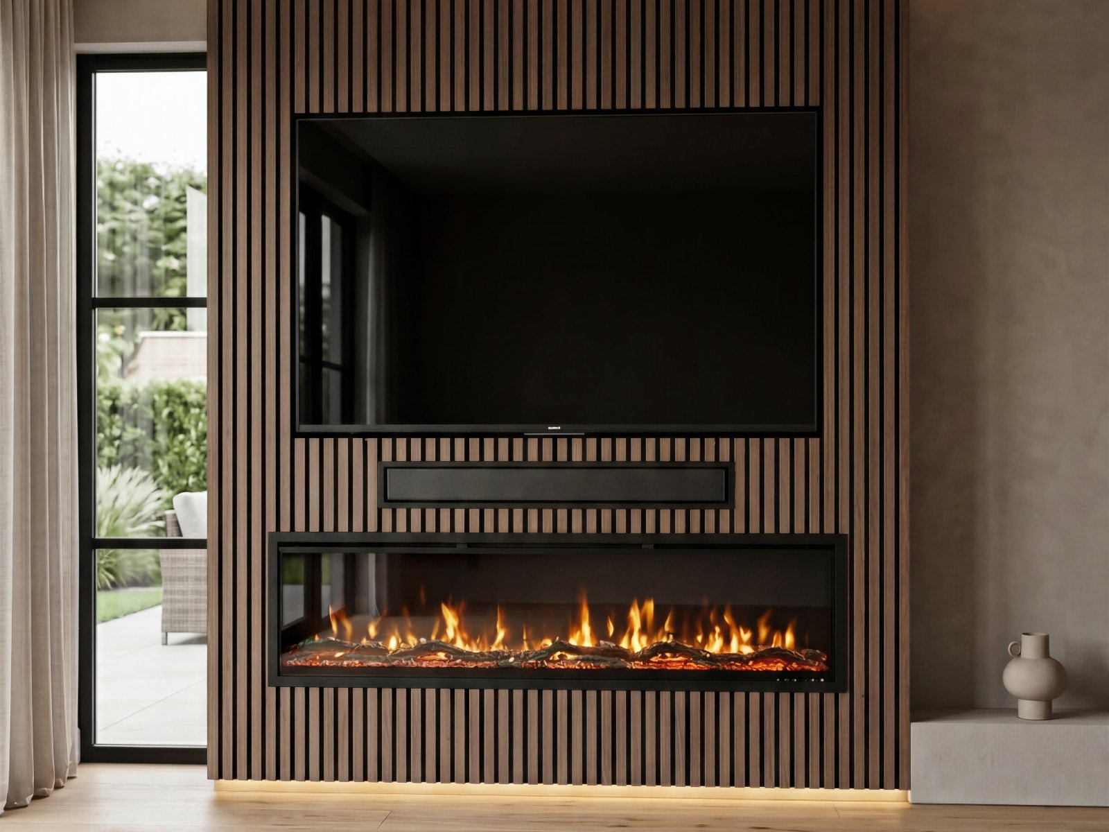 Cinewall met houten panelen achter de tv: verticale walnootkleurige latten over de volle wandhoogte met verborgen ledverlichting