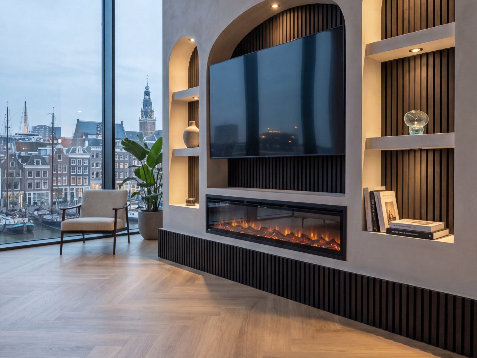 Cinewall met panelen: boognissen bekleed met zwarte houten latten rond de tv en een brede elektrische haard