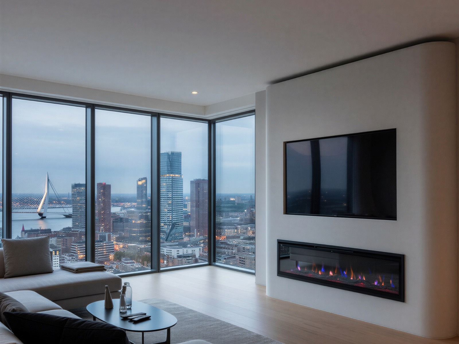 Cinewall op maat met verzonken tv en brede elektrische inbouwhaard in een strakke gestucte tv wand, in een appartement met uitzicht over Rotterdam