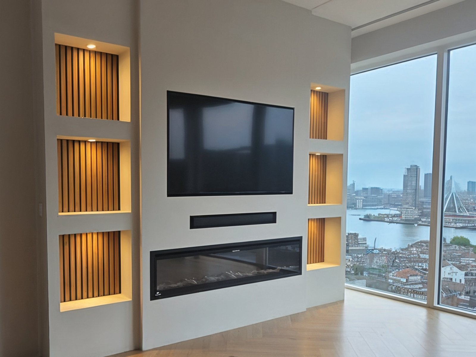 Cinewall-varianten in één wand: verlichte nissen met houten latten, een verzonken tv, een soundbar-nis en een brede elektrische haard