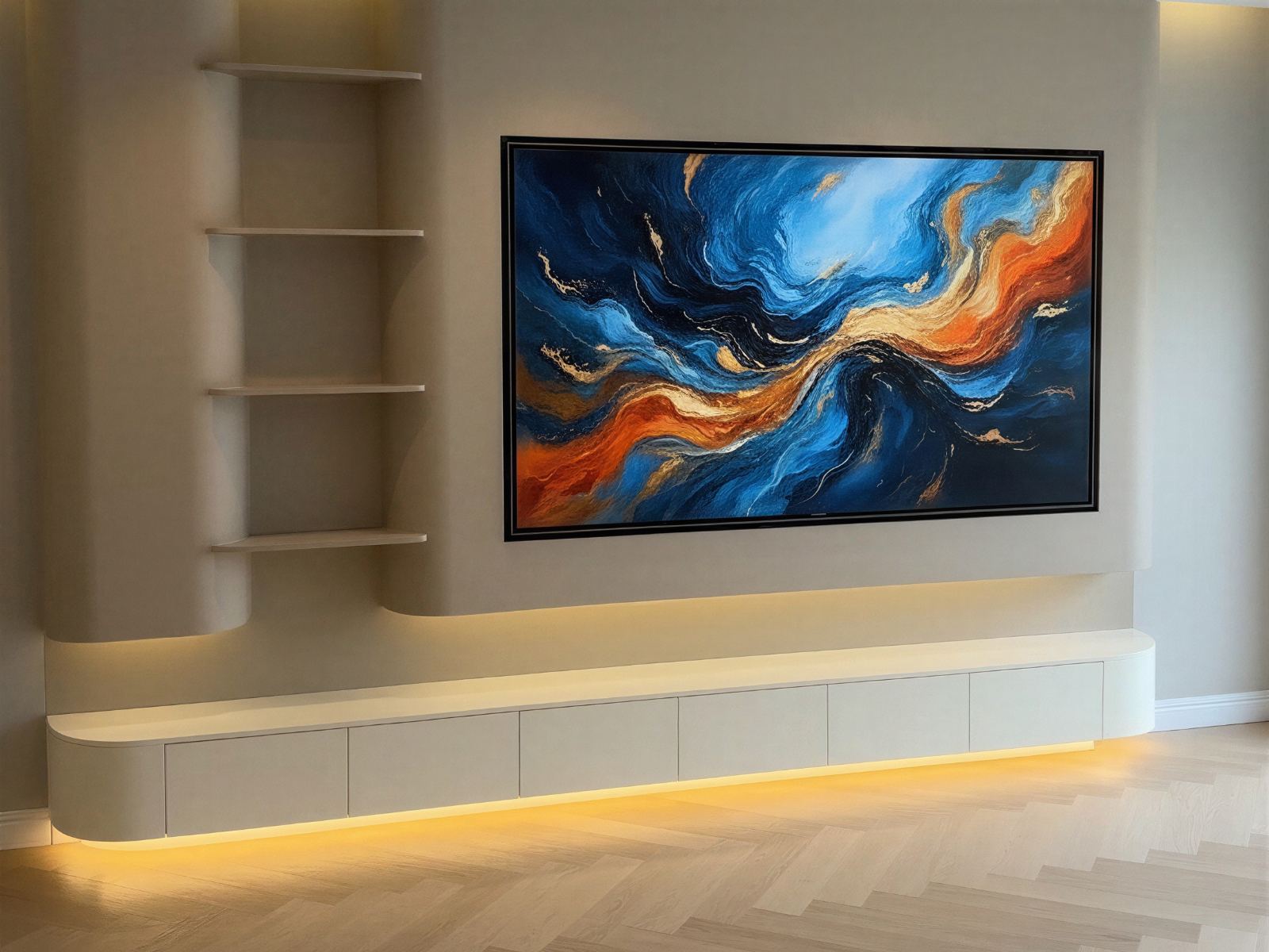 Cinewall zonder haard in japandi-stijl: warme beige wand met verzonken tv, open nissen en een zwevend kastmeubel met indirecte ledverlichting boven een visgraatvloer