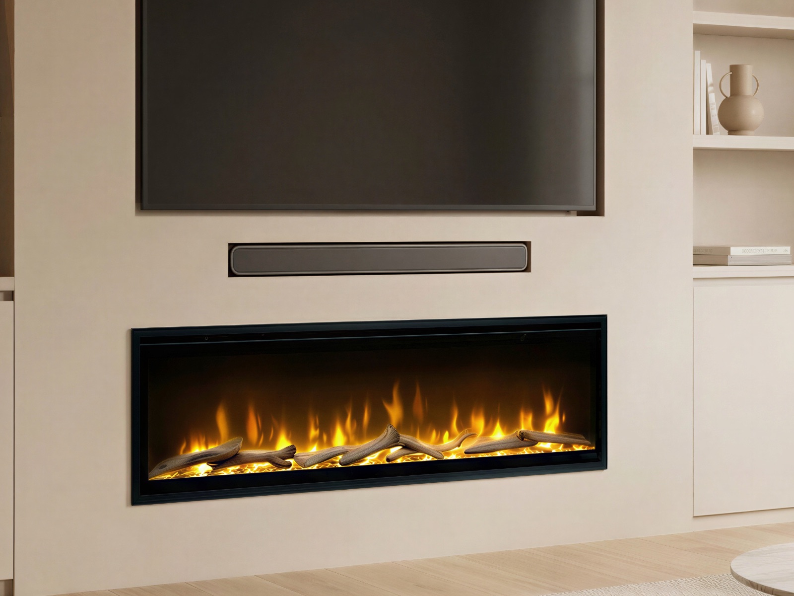 Dimplex elektrische inbouwhaard met breed geel vlambeeld over houtblokken, in een beige cinewall met tv en soundbar