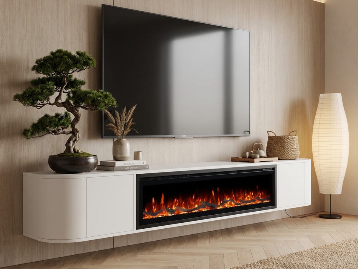 Zwevend wit tv-meubel met brede elektrische sfeerhaard en een grote tv erboven in een japandi woonkamer