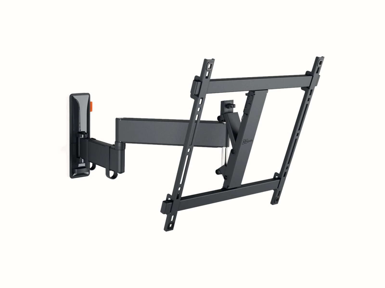 Vogel's TVM 3445 full-motion tv-beugel van de zijkant, met uitgeklapte arm en gekantelde schermplaat