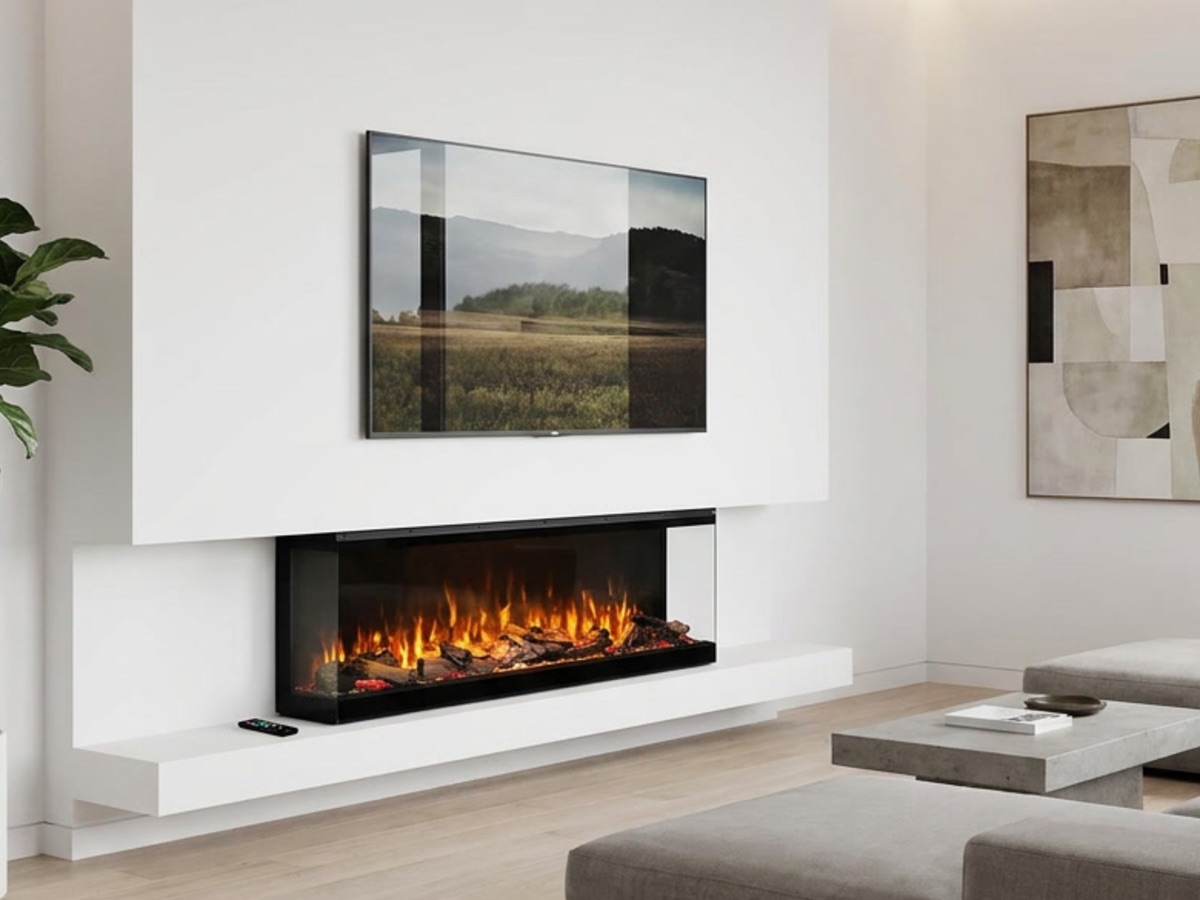 Brede elektrische inbouwhaard met vlambeeld en houtblokken in een witte cinewall met de tv erboven